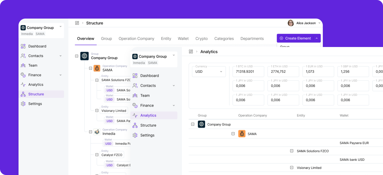 Screenshot of Toolza's business operations dashboard, displaying structure and C-level report generation features