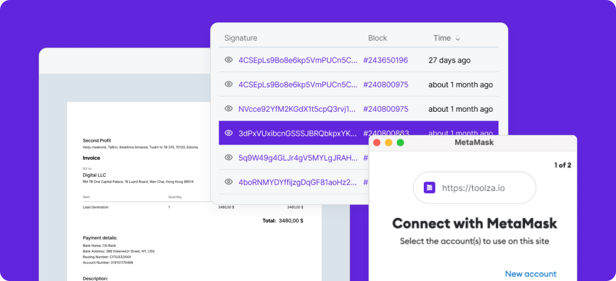 Screenshot of the Toolza financial dashboard with invoice, cryptocurrency and fiat balances management