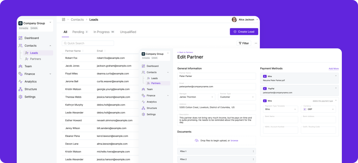 Screenshot of Toolza's lead and sales management dashboard, displaying leads, sales data, and organized documents and invoices