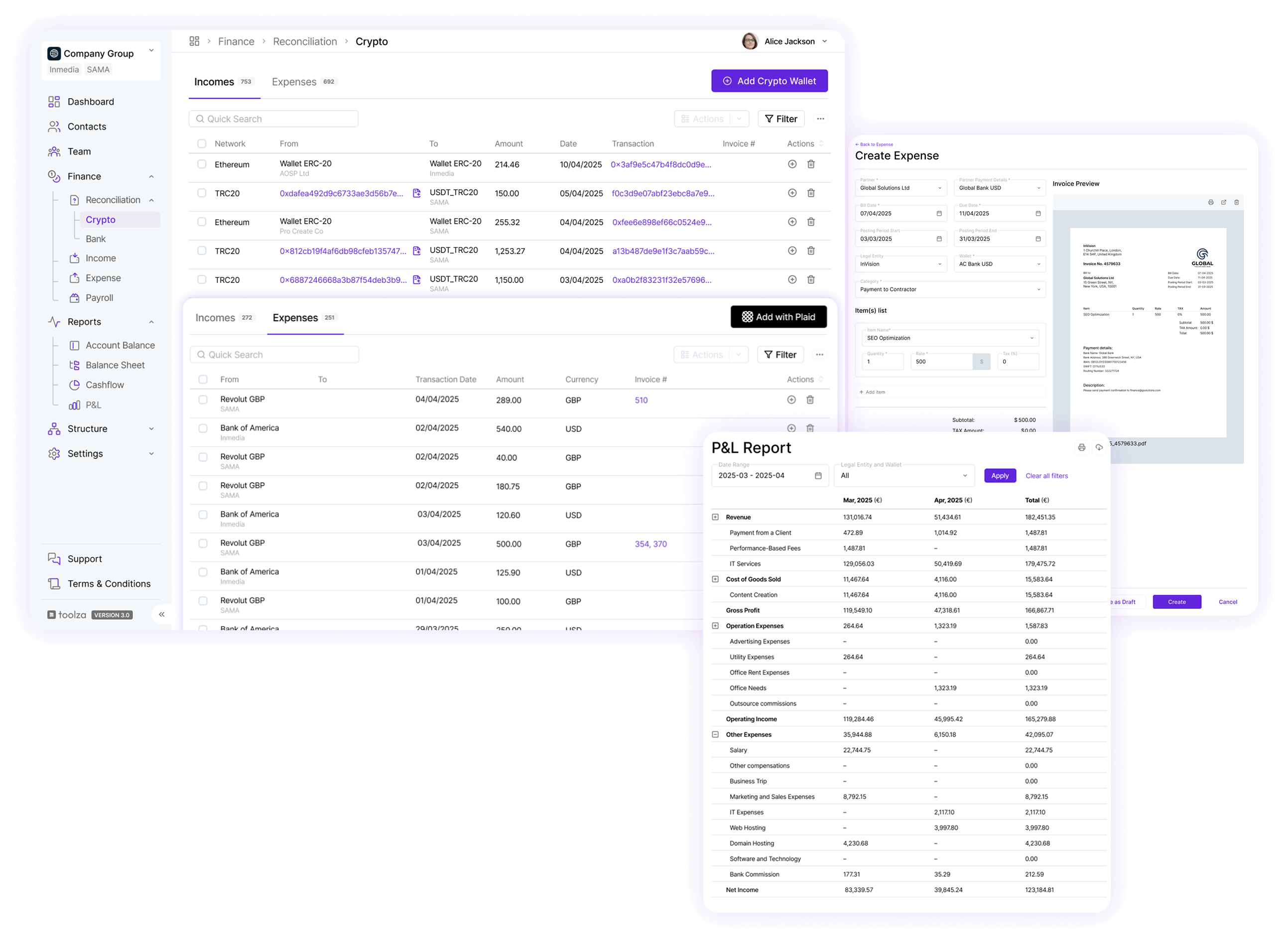 Screenshot of bank and crypto reconciliation, invoicing, reporting dashboard